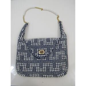 Vintage Navy & White Beaded Geometric Pattern Purse Hand Made Hong Kong 1960s